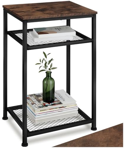 tectake® Beistelltisch Holz und Metall, Couchtisch mit Stauraum auf 3 Ebenen, Tisch Deko Wohnzimmer Möbel, Blumenständer, Deko Schlafzimmer, Beistelltisch Couch - Industrial Dunkelbraun