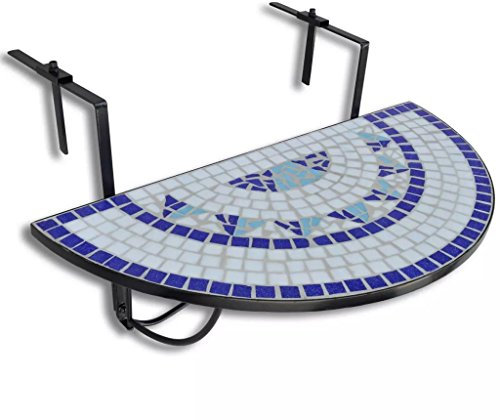 Balkonhängetisch Mosaik Blau und Weiß eisern halbrund 76 x 38 cm für Balkone und Terrassen
