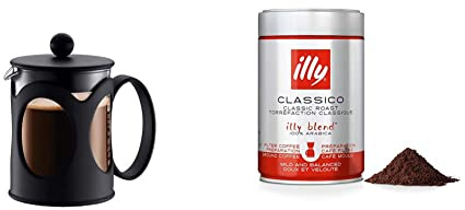 BODUM 10683-01 Kenya French Press Coffee Maker, Borosilicate Glass - 4-Cup (0.5 L), Black & illy Coffee, Classico Filter Coffee, Medium Roast, 100% Arabica Coffee Beans, 250g