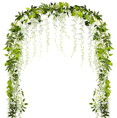 2pcs*2m Plantes Artificielle extérieur glycine Guirlande Suspendu Fleurs de glycine Blanche Faux Lierre Feuillage Artificiel Décoration Interieur pour Mariage Balcon Cuisine Jardin Bureau