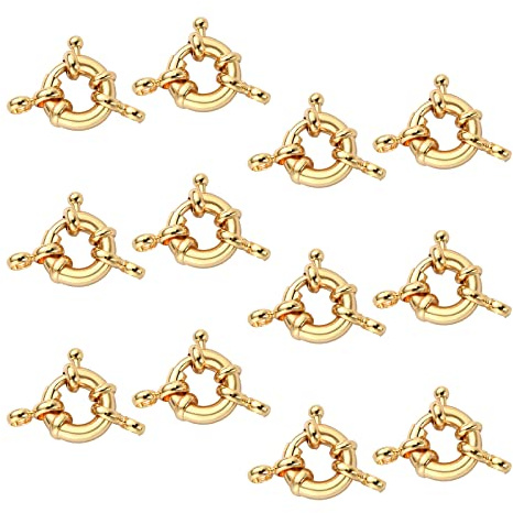 BEEFLYING 10 Pieces Brass Spring Clasps Open Ring Clasps Real Gold Plated Round Necklaces Bracelets Clasps for Jewelry Making Crafts Supplies