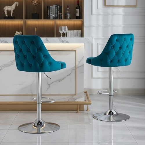 chairus Set di 2 Sgabelli da Bar Cucina Sgabelli in Velluto Sgabello Alto Girevolio Altezza Regolabile Sgabello da Bancone Per Cucina, Ptrolio