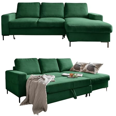 MIUFORM Lofty Lilly, 4er Schlafsofa mit Bettkasten, Rechts, Flaschengrün | Sofa mit Schlaffunktion, Ecksofa mit Schlaffunktion, Ecksofa L-Form mit Chaiselongue, 236 x 148 x 84 cm Couch, L Sofa Bed