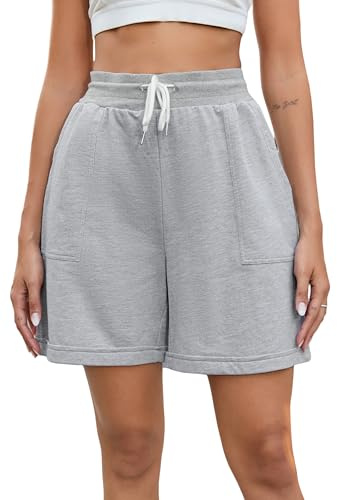 Sportshorts för dam bomull korta byxor med fickor hög midja, andas, mjuka shorts med elastisk dragsko bermuda för yoga, fitness, joggingsemester, Ljusgrå, XL