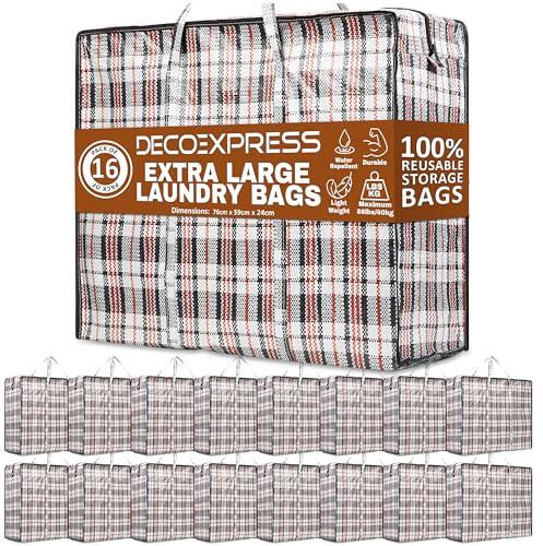 DECO EXPRESS Wäschesack Groß mit Reißverschluss XXL 16er-Pack, 107L Aufbewahrungstasche Groß für Kleidung und Bettwäsche Aufbewahrung, Wäschebeutel Reise und Umzugstasche (76 X 59 X 24 CM)