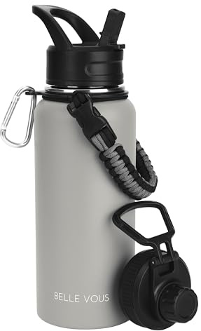 Belle Vous Botella Agua Acero Inoxidable con 2 Tapas - Botella Termica 1 l - Pared Doble Vacío - Hermética para Bebidas Frías y Calientes - Botella de Agua Deportiva Sin BPA, Gimnasio o Casa - Gris