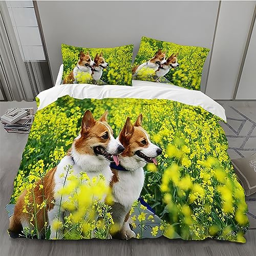MLUNKQAIL Parure de Lit 90x190 Colza Jaune Sets de Housses de Couettes Corgi Housse de Couette 3 Pièces Microfibre avec Fermeture Éclair et 2 Taies d'oreiller 65x65 cm