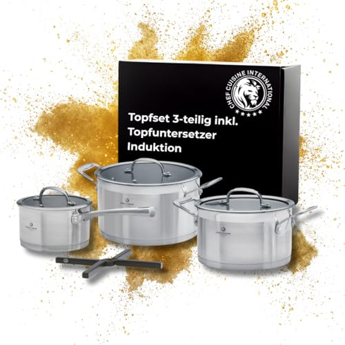 CHEF CUISINE Topfset, 3-tlg., Ø 16/20/24 cm, Glasdeckel, Gratis Topf-Untersetzer, Edelstahl, Aluminiumkern, Rostfrei, Pflegeleicht, Geschmacksneutral