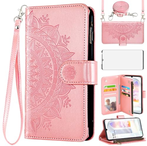 Asuwish Handyhülle für LG Velvet 5G/4G Hülle mit Band und Folie Schutzfolie Kartenfach Klappbar Leder Blumen Geldbörse Ständer LMG910EMW LM-G910EMW Reißverschluss Schutzhülle Phone Case Rosegold