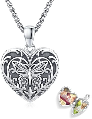 CUOKA MIRACLE Herz Medaillon Halskette 925 Sterling Silber Schmetterling Medaillon mit Kristall Amulett zu öffnen für Bilder Schmuck Geschenke für Frauen Mädchen