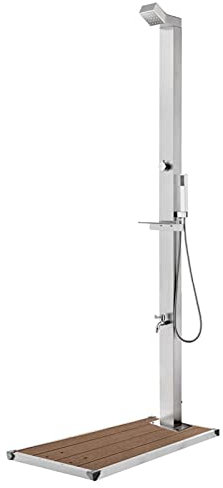ARKEM Doccia da Giardino con Base Marrone 225 cm in Acciaio Inox,Doccia da Giardino,con Pedana e Soffione, Rustico - Doccia da Esterno, per Piscina, Campeggio