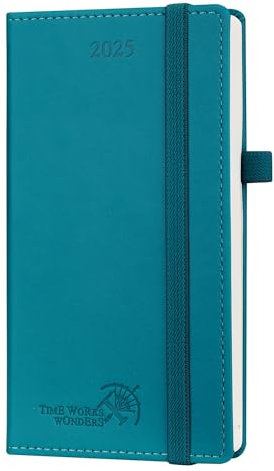 POPRUN Taschenkalender 2025 Klein 16,5 x 9 cm (Jan.2025-Dez.2025) - Kalender 2025 Klein mit PU-Leder - Terminplaner, Planer 1 Woche 2 Seite mit Stiftschlaufe - Pazifikgrün