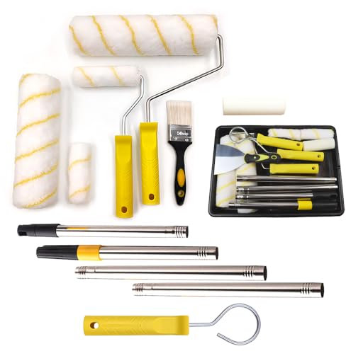 MiczucoYr 12 PCS Paint Roller Set, Paint Rollers and Trays Sets with 5 Roller Sleeve, Roller Sets for Painting with Extension Pole, Microfiber Roller Cover for Painting Walls, Ceiling, Doors, Trim
