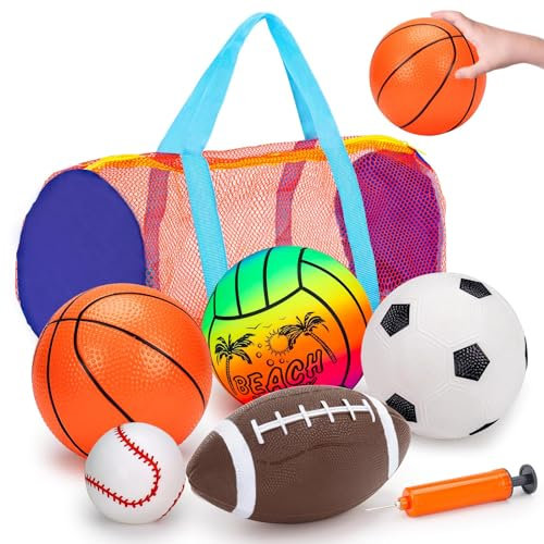 Lypsochaat Balls for Toddlers 1-3, 5pcs Inflatable Balls with Storage Bag Football Soccer Basketball Baseball Volleyball Pump, Indoor Outdoor Sports Play Toys for Kids Toddler 3+ Years