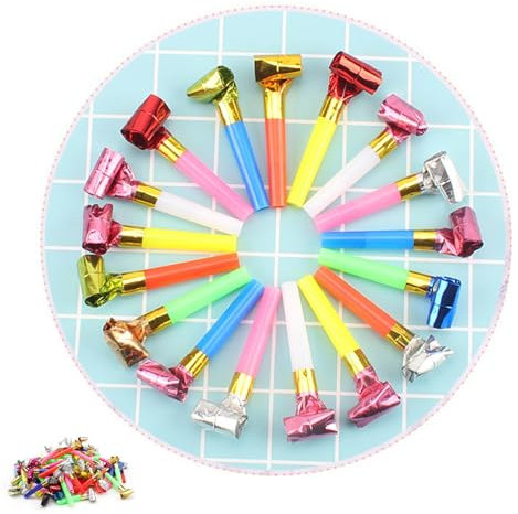 HJIAMA Trombette Festa Compleanno 100 Pezzi, Sacchetto di Carta Rimbalzante Trombetta, Corno Colorato Multifunzionale, Utilizzato per Compleanni, Feste, Natale