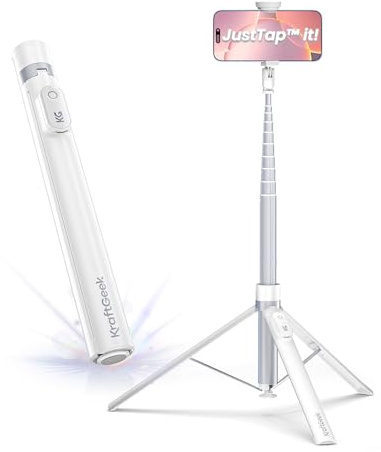KraftGeek 66” JustTap Phone Tripod for iPhone, Selfie Stick Cell Phone Stand for Recording Travel, Content Creator Essentials, White