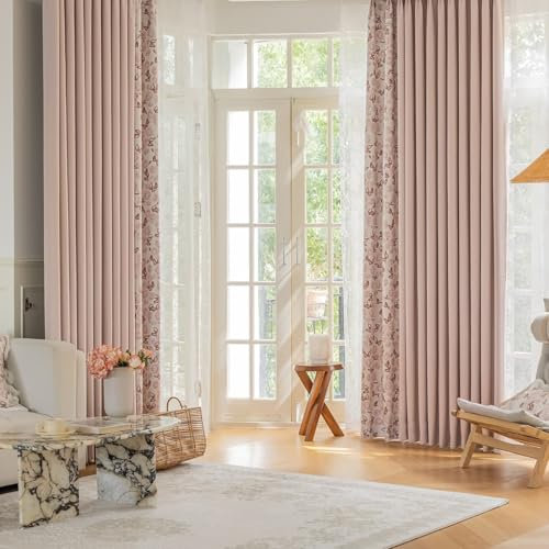 Homxi Blickdichter Vorhang 2er Set,2 x 107W x 244H cm,Vorhänge Blickdicht Jugendzimmer Rosa Spleißen von Blumen Ösen Vorhange