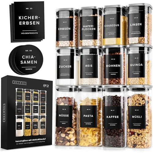 EDELHAUS Vorratsgläser mit Deckel mit Edelstahl Abdeckung (4x 900ml, 8x 500ml) Vorratsdosen mit Deckel & 114 Vorratsetiketten - Lufdichtes Vorratsglas - Stapelbare Glasbehälter für Küche [3mm Glas]