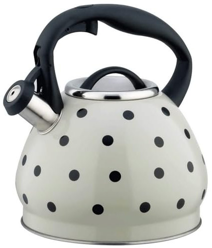 Bouilloire sifflante blanche à pois en acier inoxydable de 3,2 litres pour cuisinières à induction, gaz, halogènes électriques
