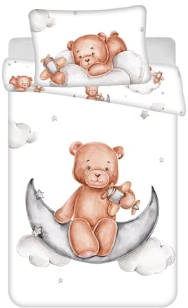 Jerry Fabrics Süße Teddybär auf dem Mond mit Flugzeug – Babybettwäsche Kinderbettwäsche Bettwäsche Set, 100 x 135 cm Decke, 40 x 60 cm Kissen, 100% Baumwolle