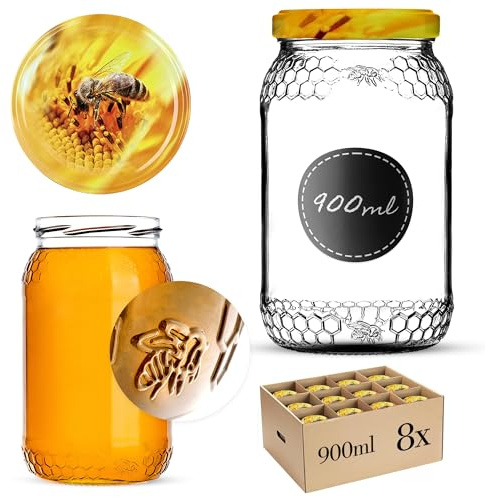 KADAX 8er Set Einmachgläser 900ml TO82 Biene, Große Sturzgläser mit Schraubdeckel, Einkochgläser Fermentierglas für Gurken, Gemüse, Sauerteig
