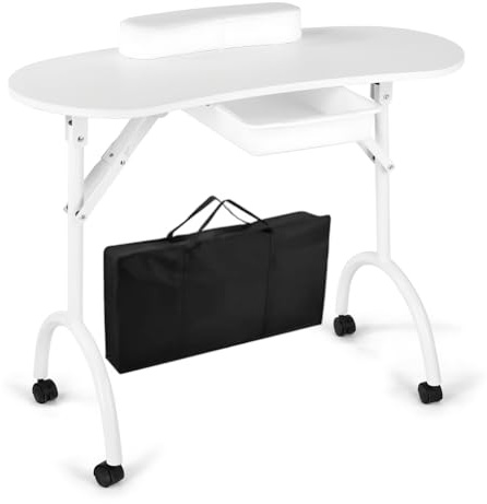 Tragbarer und klappbarer Manikürtisch, Nagel-Arbeitstisch mit feststellbaren Rollen, Handgelenkauflage für Kunden, kostenlose Tragetasche für zu Hause, Reisen und Schönheitssalons,White a