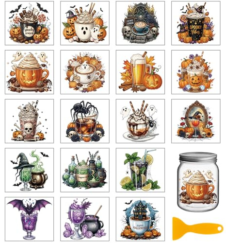 GLOBLELAND 18 Blatt Halloween Gothic Getränke Transferaufkleber 3.9x3.6 Zoll Bunt Milchtee Kaffee Transferaufkleber Geist Kürbis Fledermaus Zum Aufreiben Für Tassenaufkleber Vasen Glas Kunsthandwerk