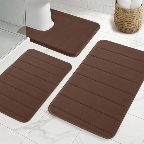 NAKIHOUSE Lot de 3 tapis de bain en mousse à mémoire de forme, antidérapants et absorbants, lavables, doux et à séchage rapide, tapis de salle de bain pour douche, WC et baignoire, café