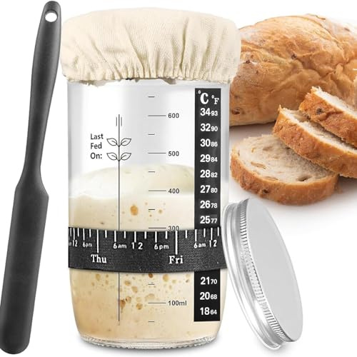 Binnan Barattolo per Lievito Madre 680 ml, Starter Kit di Lievito Naturale con nastro di alimentazione, termometro, coperchio, spatola in silicone, accessori, Set di base per lievito naturale