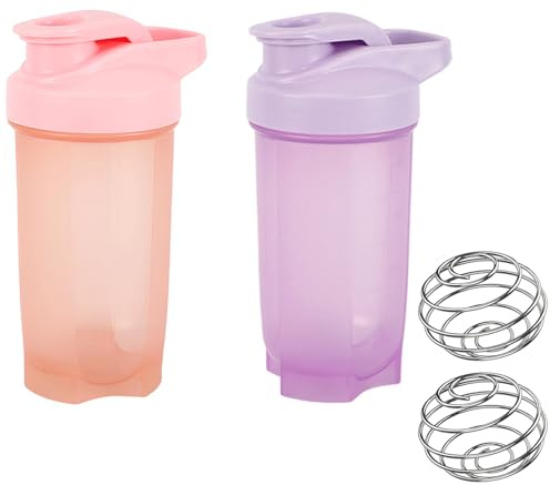 HarnyLoom Eiweiß Shaker Flasche 500 ml, 2 Stück Shaker Becher Proteinshake mit Mixerkugel Skala Auslaufsicherer Langlebiger Workout Wasserbecher für Fitness Sport Getränkeflaschen (Lila + Pink)