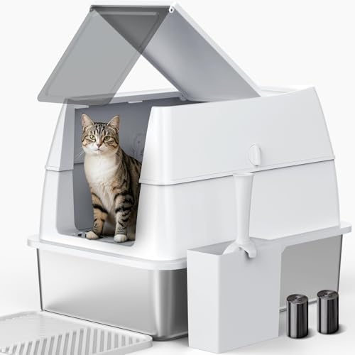 Katzenklo Edelstahl mit Deckel, XXL Extra Große Katzentoilette Edelstahl Reinigen und Geruchsresistent, Geschlossene Katzenkiste mit Schaufel und Mülleimer, Geeignet für große Katzen/mehrere Katzen