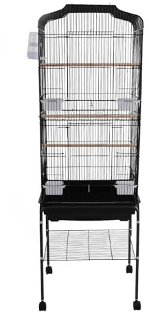 Freestanding Bird Cage Large Bird Cage with 4 Feeding Bowls & Waterer & 4 Universal Wheels & 2*Brake & Storage Rack & Slide-Out Tray & Mesh Panel Budgie Aviary for Balconies, in Homes, Shop（Black）