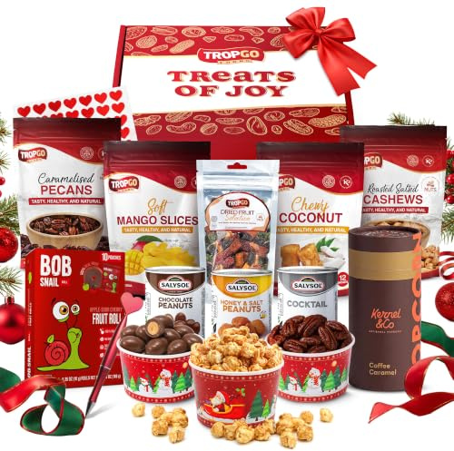 Tropgo Treats of Joy - Tasty Dried Fruit Snacks, Nut Selection Gift Box with Heart Sticker, Felts and Heart Pen - Roasted Nuts & Chocolate Gifts for Him and Her