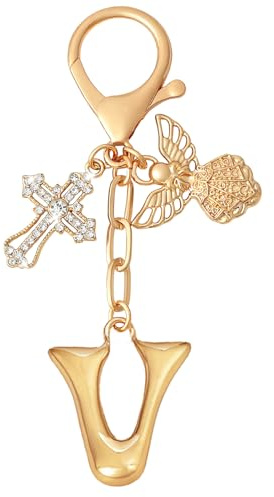 Snylcce Porte-clés initiale d'ange avec pendentif en forme de croix – Breloque de sac à lettres dorées personnalisées pour femme, cadeau spirituel, joli sac à main et accessoires de sac à main