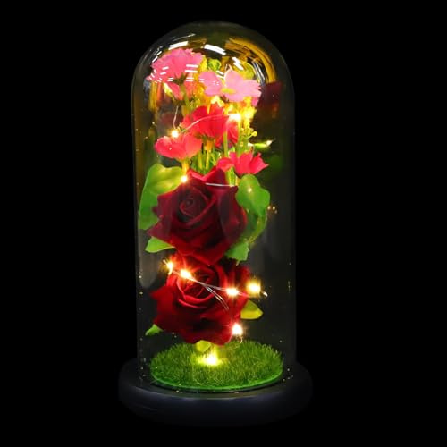 LIFKOME Lampe LED de Nuit avec Fleurs Artificielles sous Cloche en Verre Noir Décoration Romantique pour Saint-Valentin et Bureau Ornement Lumineux Fleur de Simulation Présent Créatif