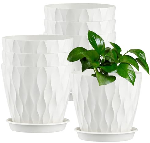 DAJASD Macetero con Plato, 6PCS Maceta Redonda Clásica De Plástico, con Diseño De Gofre Y Orificios De Drenaje En La Base, Ideales para Jardines De Interior Y Balcón, Color Weiß (10 Cm De Diámetro)