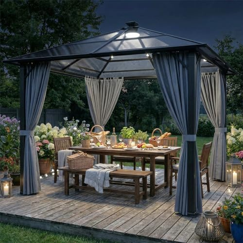 TRIUMPHKEY Pavillon 3x3 Wasserdicht Stabil Winterfest,Aluminium Gartenpavillon,Pavillon mit Festem Dach Protection UV,Geeignet für Außenszenen,Grau, Mit LED