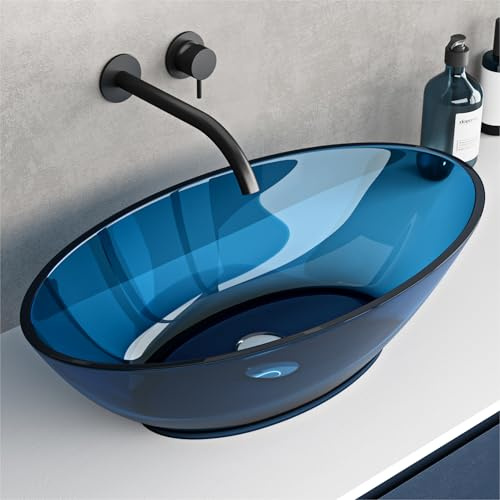 doporro Lavabo Piccolo da Appoggio Ovale 63x34x17 cm, Lavamani per Bagno | Lavandino per Bagno in Resina Trasparente, Colore Blu, Formato Compatto, Uso in Bagno e WC Ospiti, Installazione da Tavolo