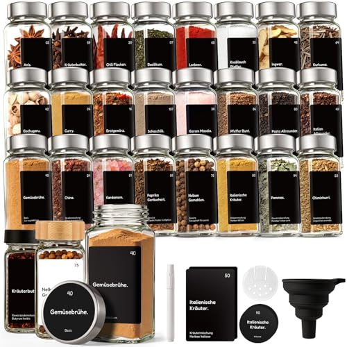 MHDCLY 24er Set Gewürzgläser Eckig mit Edelstahl Deckel (Silber) - 120ml Spice Jars & Gewürzstreuer Glas inkl. Etiketten & Trichter - Ideal als Gewürz Organizer für Schublade - Luftdicht