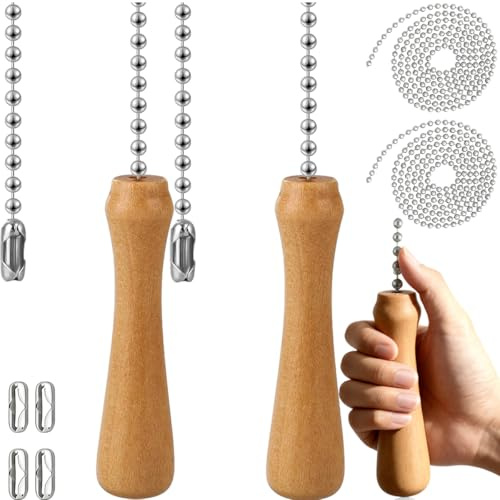 Acmerota Cordon de Traction de lumière de Salle de Bain Poignée Bois pour 1.5m Chaîne à Billes en Acier pour éclairage de Salle de bain, Toilettes, Plafonnier, Interrupteur de Ventilateur (2 pièces)