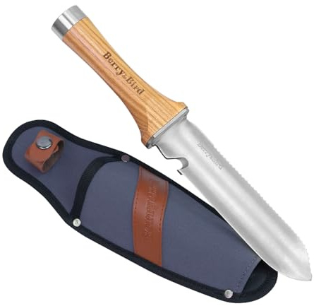 Berry&Bird Hori Hori - Cuchillo de jardín multiusos con hoja de acero inoxidable afilada de 17 cm de largo, doble filo y punta de acero inoxidable, con funda de lona, para jardinería, deshierbe, zanja