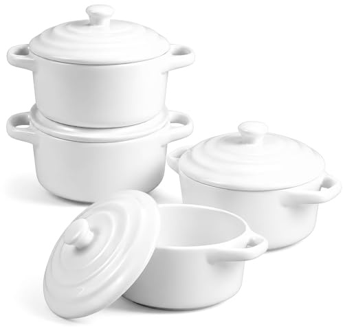 Set of 4 Mini Cocotte with Lid, 420ml Ceramic Casserole Dishes for Oven | 14oz, Microwave & Dishwasher Safe, White, Small Baking Ramekins with Handle for Lasagna, Soufflé, Soup