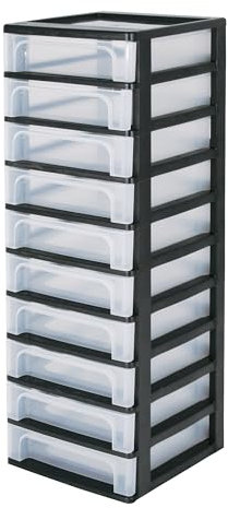 Iris Ohyama Cassettiera in Plastica, Portaoggetti, 10 Cassetti Medi, Nero, Apertura Facile, Formato A4, A5 e A6, Organizzatore, Per Ufficio, Scuola, Cartoleria, Senza BPA, Contenitore, OCH-2100