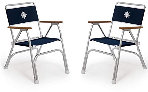 FORMA MARINE Boat Chairs Navy Blue Deck Folding Marine Aluminum Teak Furniture Set of 2 M100NB