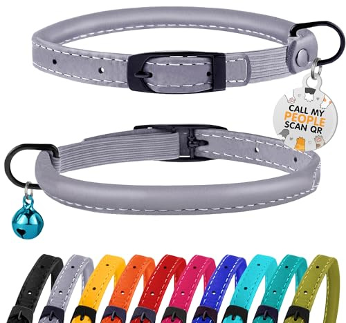 BRONZEDOG Cat Collar with Bell Kitten Rolled Leather Collars Safety QR ID Name Tag (Smoke Grey)