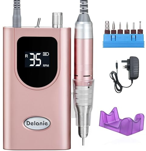 Delanie 35000RPM Electric Nail Drill Professional for Gel Nails, Pink | Electric Nail File, Portable & Rechargeable E File Kit with 6 Drill Bits for Acrylic Nails, Manicure Pedicure Salon & Home