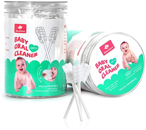 Dearlomum Baby tungrengörare, tandborste för nyfödda, 96 st engångs spädbarn tandborstar, gasväv tandborste rengöring tandborste baby oral rengöringspinne tandvård i 0-36 månader