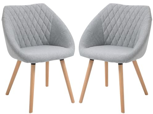 HOMCOM Skandinavisches Design Esszimmerstühle Set von 2 Leinen Grau | Konisch zulaufende Buchenholzbeine, ergonomische Sitz-/Rücken-/Armlehnen.