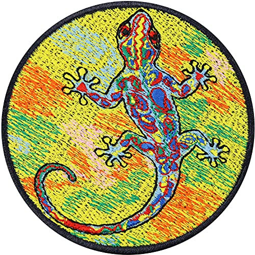 GECKO Aufkleber gestickter Aufnäher Tattoo Eidechse Bunt lustiges Bügelbild Psychedelische Gekko Echsen Aufbügler Salamander Dekosticker Applikation zum annähen/aufbügeln 80x80mm
