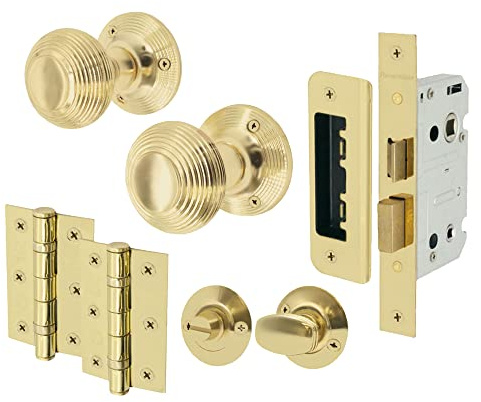 EAI Polished Brass Door Knobs with Bathroom Lock 76mm and Hinges - Beehive | Complete Bathroom Kit with 1 Pair of Beehive Mortice 55mm Door Knobs, 76mm Bathroom Lock, 76mm Hinges, Fixings Included